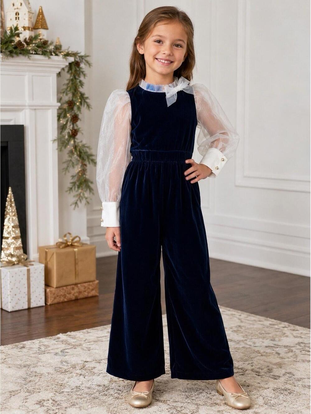 Janie and Jack Navy Velvet Jumpsuit with Sheer White Sleeves